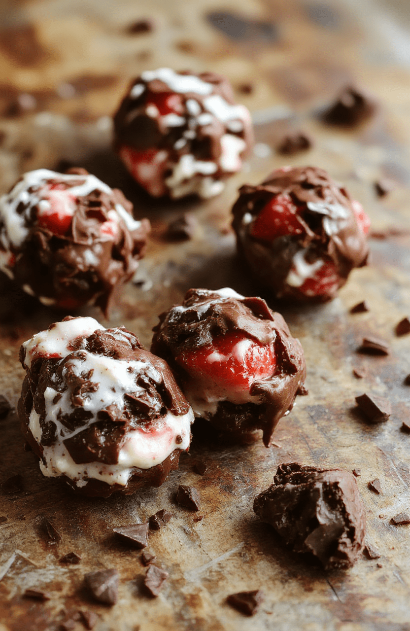 Colorful chocolate and strawberry yogurt clusters arranged on a white plate, showcasing smooth, creamy textures with vibrant red strawberries and glossy chocolate coating, styled casually on a rustic wooden surface with blurred background for a natural, inviting look.