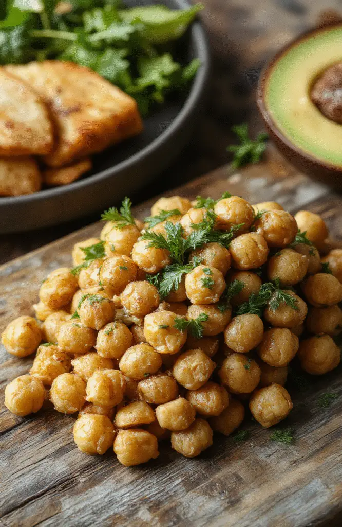 A vibrant bowl of Marry Me Chickpeas garnished with fresh herbs, served on a rustic wooden table. The chickpeas are glossy and coated in a flavorful sauce, with colorful vegetables and a sprinkle of sesame seeds. The dish is plated casually, with a background of soft natural lighting and minimalistic styling, highlighting textures and vibrant colors.