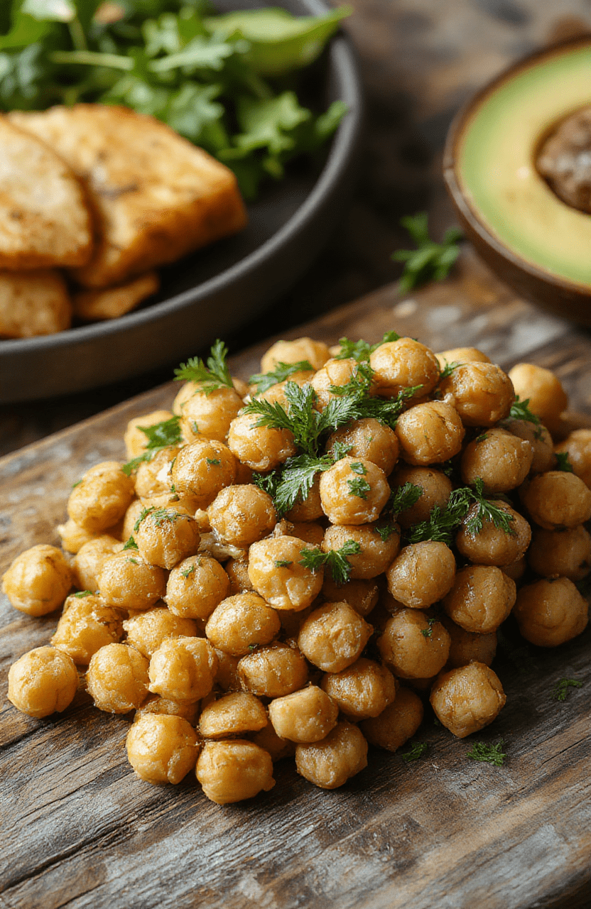 A vibrant bowl of Marry Me Chickpeas garnished with fresh herbs, served on a rustic wooden table. The chickpeas are glossy and coated in a flavorful sauce, with colorful vegetables and a sprinkle of sesame seeds. The dish is plated casually, with a background of soft natural lighting and minimalistic styling, highlighting textures and vibrant colors.