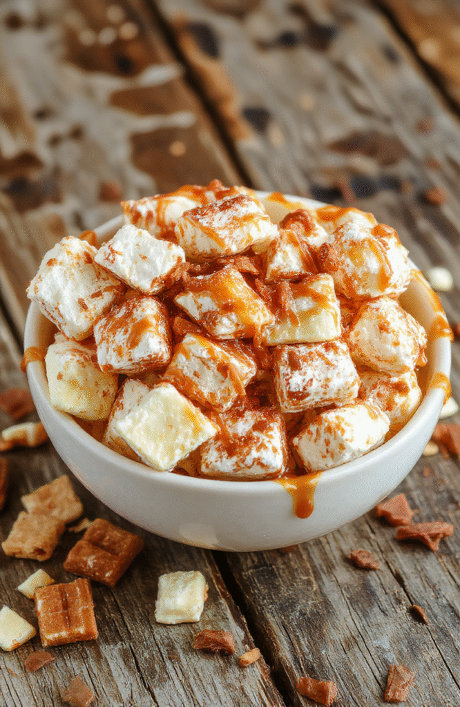 A vibrant bowl of caramel apple puppy chow surrounded by scattered crushed pretzels and colorful candy coatings. The mixture features glossy caramel drizzles over crunchy snack pieces, with bright red and green apple candies adding visual appeal. The scene is set on a rustic wooden table with a cozy fall atmosphere, emphasizing the sweet, crunchy texture and tempting presentation.