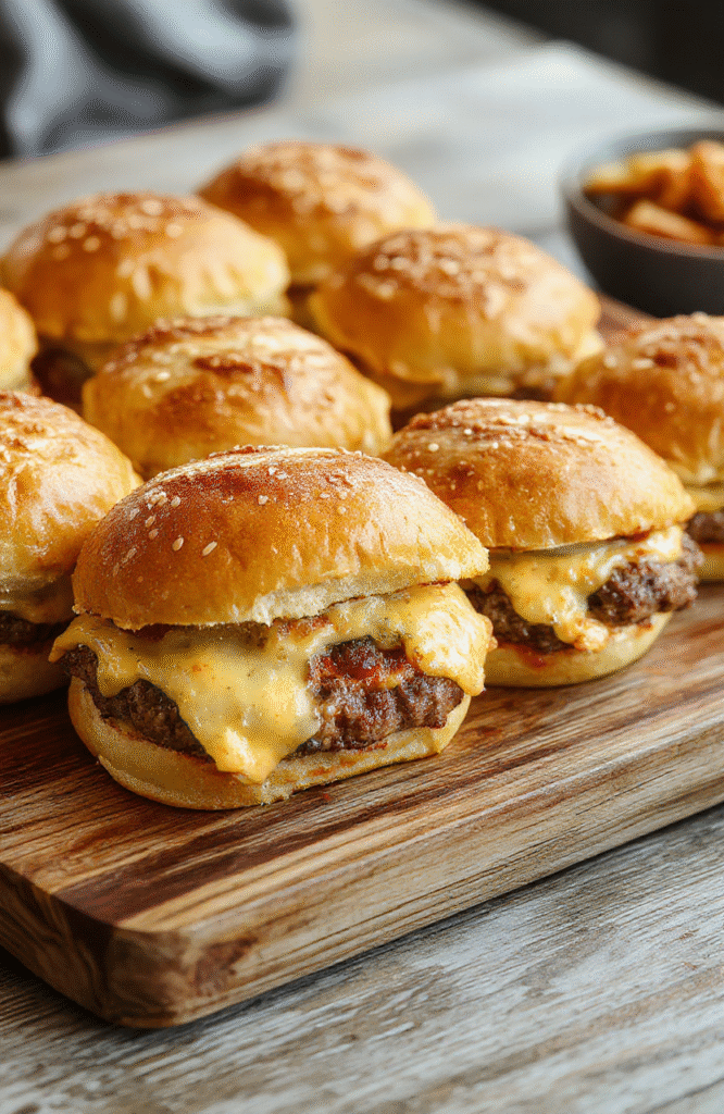 A close-up of golden-brown cheeseburger sliders stacked on a rustic wooden tray, topped with melted cheese and fresh lettuce, with a side of crispy fries and small bowls of ketchup and mustard. The sliders are garnished with sesame seeds and sliced pickles, styled simply with a casual, inviting feel, emphasizing texture and vibrant colors.
