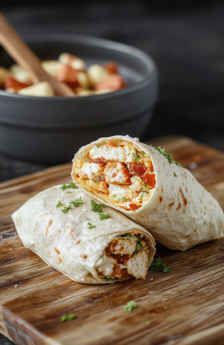 A vibrant plate featuring a crispy chicken bacon ranch wrap sliced in half to reveal creamy ranch sauce, melted cheese, crispy bacon, and fresh greens inside a soft tortilla, presented on a rustic wooden surface with a drizzle of ranch dressing and fresh herbs, styled in a casual, appetizing manner.