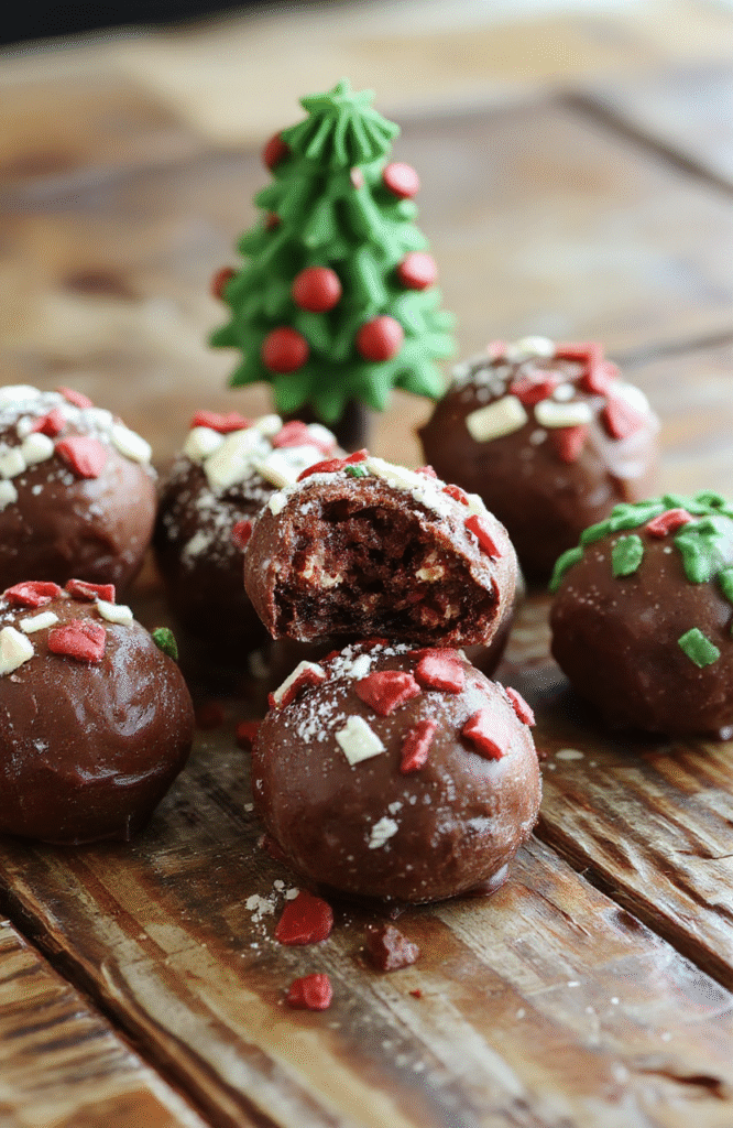 A festive Christmas scene featuring vibrant green Christmas Tree Cake Truffles decorated with colorful sprinkles, arranged on a holiday-themed plate. The truffles have a rich, chocolatey exterior with a smooth, creamy texture visible where bitten. The background showcases a cozy holiday setting with Christmas ornaments and twinkling fairy lights, capturing a cheerful and inviting atmosphere.