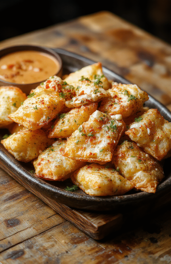 A golden-brown crab rangoon with crispy edges, filled with creamy crab mixture, drizzled with a touch of soy sauce, served on a rustic wooden plate, with a side of dipping sauce, vibrant green garnish, appealing textures and inviting presentation.