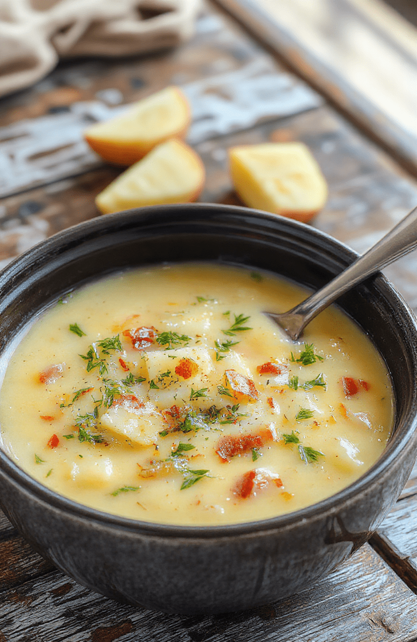 A creamy, hearty potato soup in a rustic bowl, topped with chopped green onions and crispy bacon bits, served on a wooden table with a spoon, highlighting the rich texture and inviting appearance.