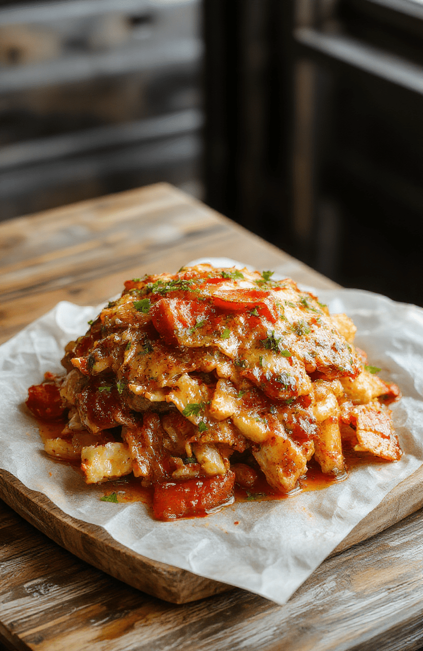 A vibrant plate showcasing a hearty, cheesy classic dish with golden-brown topping, garnished with fresh herbs, served on rustic wooden table, with inviting textures and colorful ingredients.