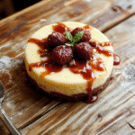 A luscious slice of cheesecake with a golden brown butter crust and a smooth vanilla bean filling, topped with a swirl of caramelized brown butter and vanilla beans on a simple white plate, surrounded by elegant vanilla pods and a drizzle of caramel, styled on a rustic wooden table with soft natural light highlighting the textures and rich colors.