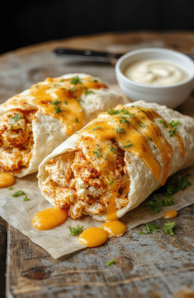 A vibrant plate of cheesy chicken wraps showcasing golden toasted tortillas filled with melted cheese, juicy grilled chicken, fresh lettuce, ripe tomatoes, and a drizzle of sauce, styled simply on a rustic wooden surface with a colorful backdrop, highlighting textures and appetizing layers.