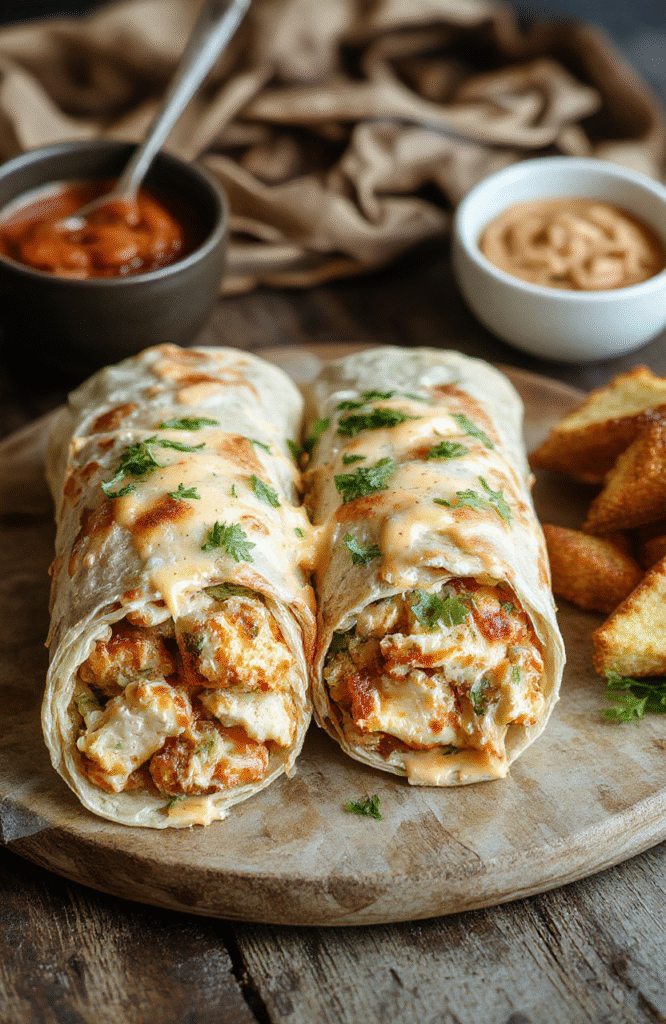 A vibrant plate featuring golden-brown cheesy chicken wraps filled with melted cheese, crisp greens, and tender chicken, neatly rolled and sliced to reveal the gooey interior. The wraps are garnished with fresh herbs, served on a rustic wooden table with colorful background accents, showcasing textures from crispy to creamy, inviting viewers to enjoy a hearty and cheesy meal.