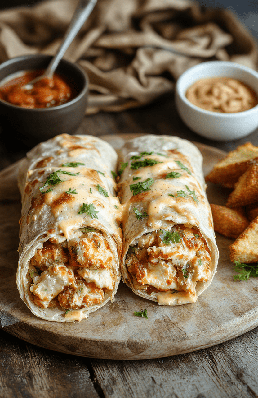 A vibrant plate featuring golden-brown cheesy chicken wraps filled with melted cheese, crisp greens, and tender chicken, neatly rolled and sliced to reveal the gooey interior. The wraps are garnished with fresh herbs, served on a rustic wooden table with colorful background accents, showcasing textures from crispy to creamy, inviting viewers to enjoy a hearty and cheesy meal.
