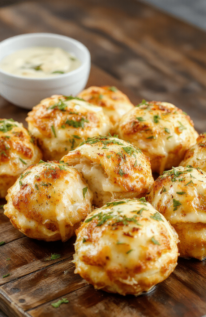 A close-up of golden-brown cheesy garlic parmesan bombs stacked on a rustic wooden board, sprinkled with fresh parsley, showcasing their crispy exterior and gooey, cheesy interior. The bombs are garnished with chopped garlic and parmesan shavings, styled on a neutral cloth with a hint of parsley for contrast.