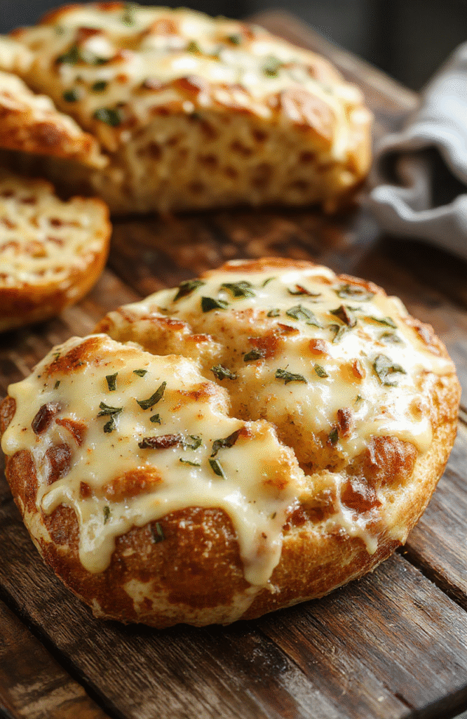 A golden-brown loaves of cheesy holiday bread topped with melted cheese and herbs, sliced to reveal gooey cheese and tender bread inside, arranged on a rustic wooden platter with festive decorations and a sprig of rosemary for a cozy holiday setting.