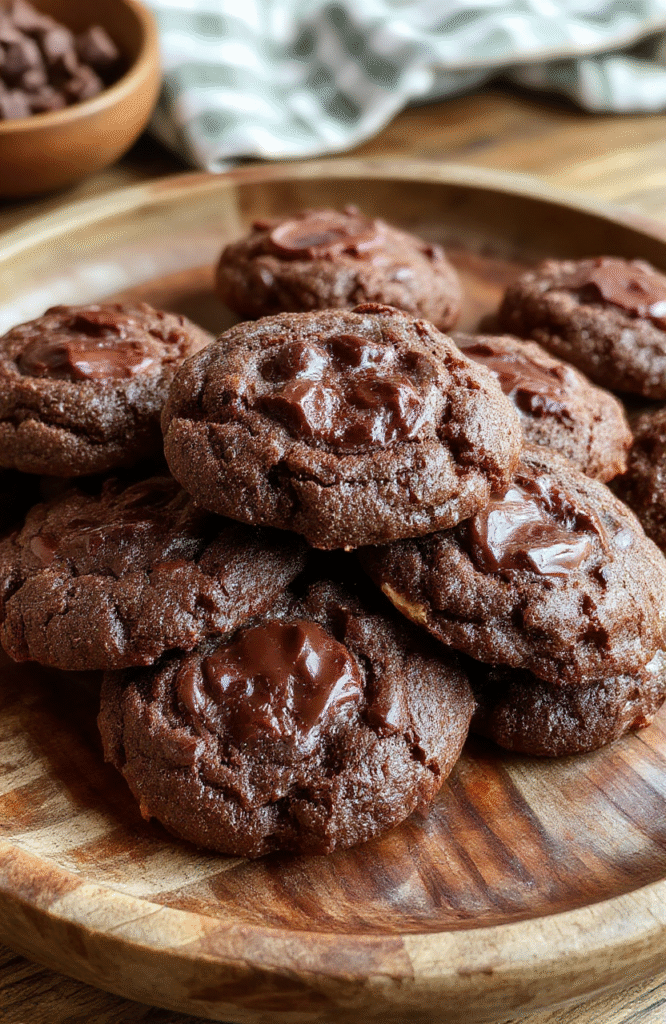 A close-up of chewy chocolate thumbprint cookies with a glossy chocolate filling sitting on a rustic wooden plate. The cookies have a slightly cracked surface and are surrounded by scattered cocoa powder and chocolate shavings, styled with a neutral background and soft natural light highlighting the rich textures and shiny chocolate centers.