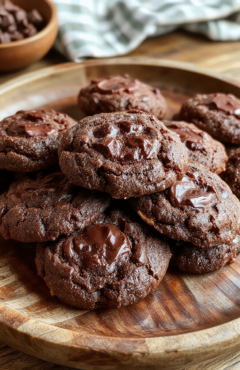 A close-up of chewy chocolate thumbprint cookies with a glossy chocolate filling sitting on a rustic wooden plate. The cookies have a slightly cracked surface and are surrounded by scattered cocoa powder and chocolate shavings, styled with a neutral background and soft natural light highlighting the rich textures and shiny chocolate centers.
