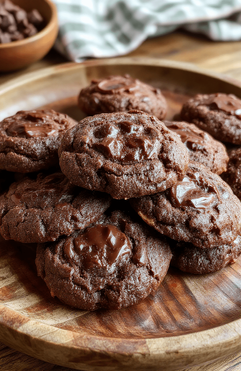 A close-up of chewy chocolate thumbprint cookies with a glossy chocolate filling sitting on a rustic wooden plate. The cookies have a slightly cracked surface and are surrounded by scattered cocoa powder and chocolate shavings, styled with a neutral background and soft natural light highlighting the rich textures and shiny chocolate centers.
