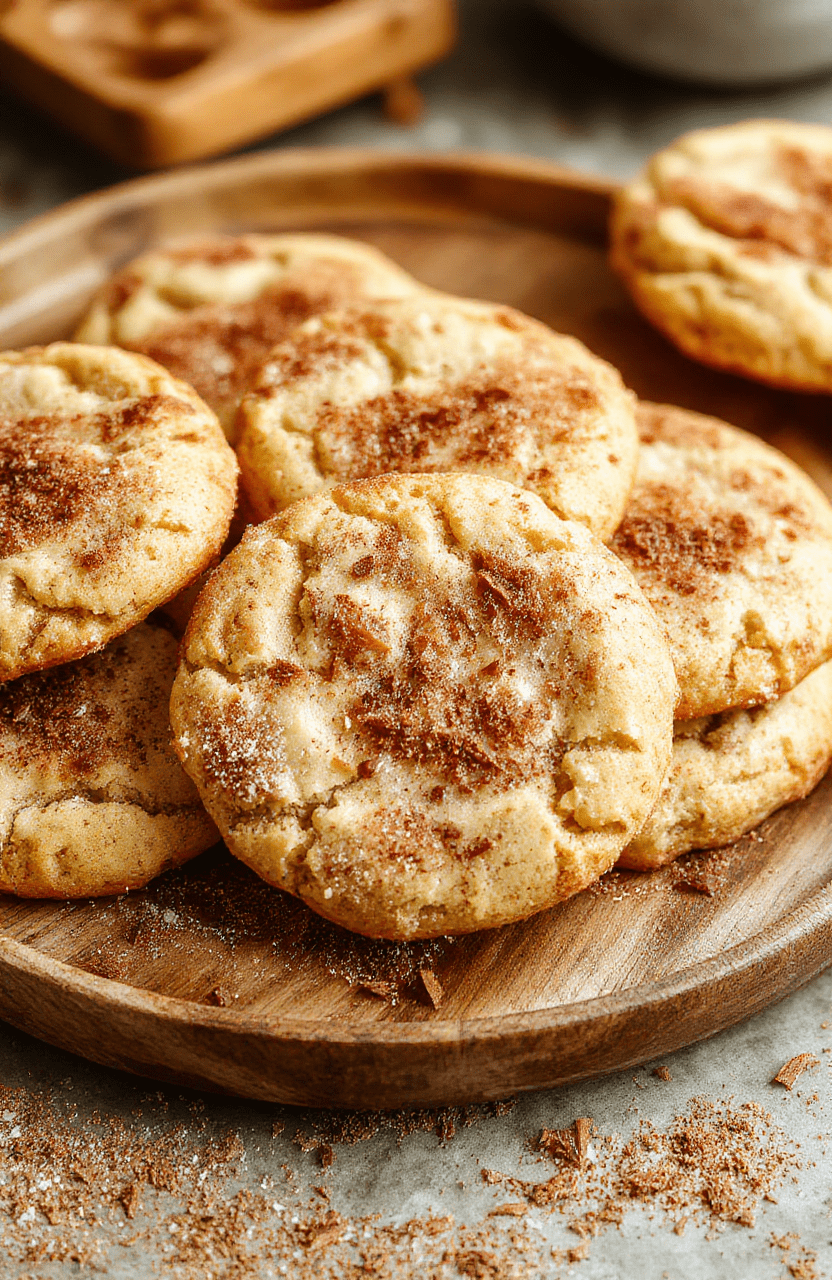 A close-up of golden-brown snickerdoodles on a rustic wooden plate, dusted with cinnamon sugar, with a soft-focus background highlighting their chewy texture and cinnamon coating.