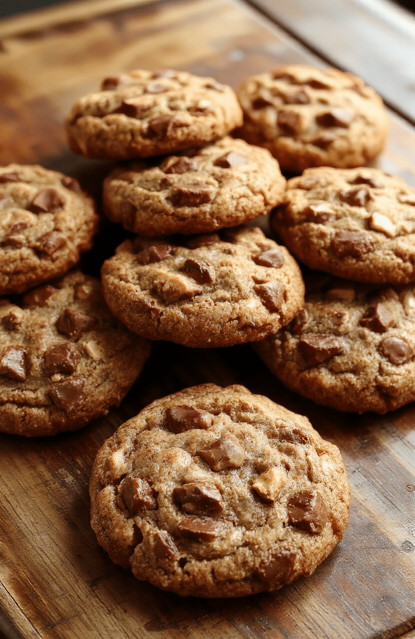 A close-up of chewy cowboy cookies stacked on a rustic wooden plate, golden-brown edges, chocolate chips visible, textured surface, warm lighting, styled with a few chocolate chips scattered around for a cozy presentation