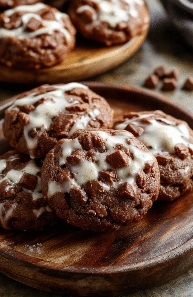 A stack of chewy hot chocolate cookies with a cracked surface, topped with a drizzle of melting chocolate, placed on a rustic wooden plate. In the background, a mug of hot chocolate with whipped cream, creating a cozy winter scene. The cookies appear fudgy, soft, and inviting, with rich chocolate tones contrasted by a sprinkle of powdered sugar. The setting exudes warmth and comfort perfect for cold evenings, styled with minimalistic and warm decor.