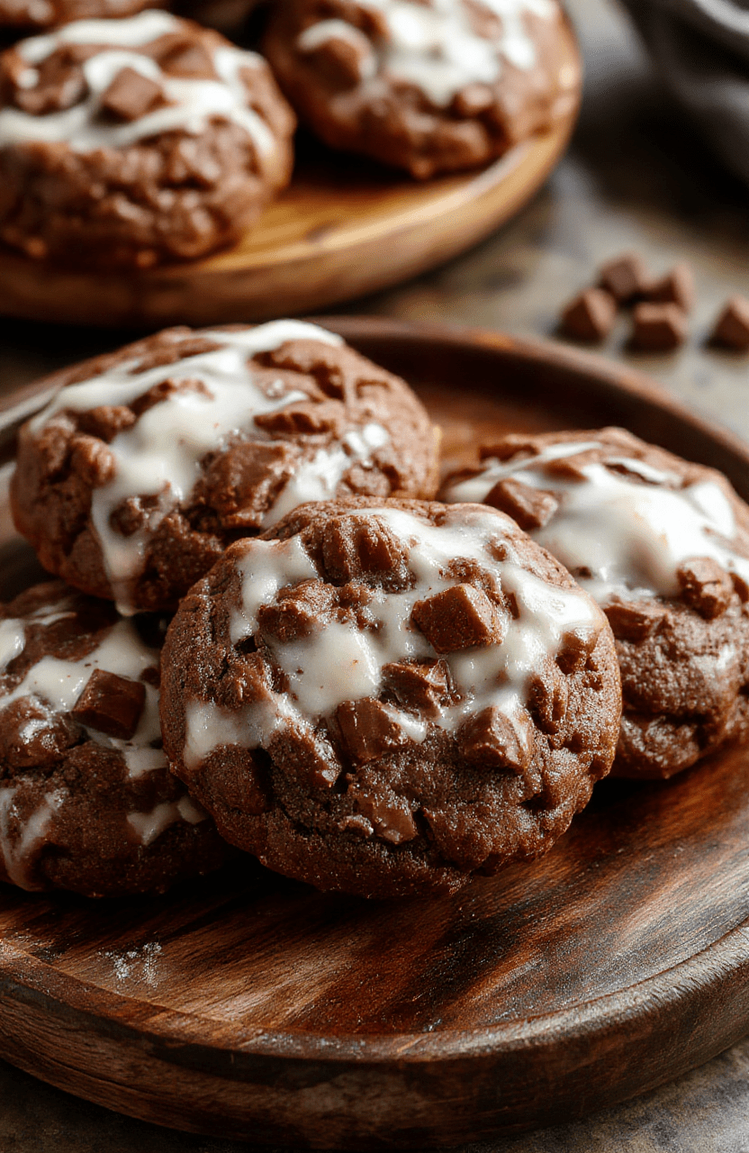 A stack of chewy hot chocolate cookies with a cracked surface, topped with a drizzle of melting chocolate, placed on a rustic wooden plate. In the background, a mug of hot chocolate with whipped cream, creating a cozy winter scene. The cookies appear fudgy, soft, and inviting, with rich chocolate tones contrasted by a sprinkle of powdered sugar. The setting exudes warmth and comfort perfect for cold evenings, styled with minimalistic and warm decor.