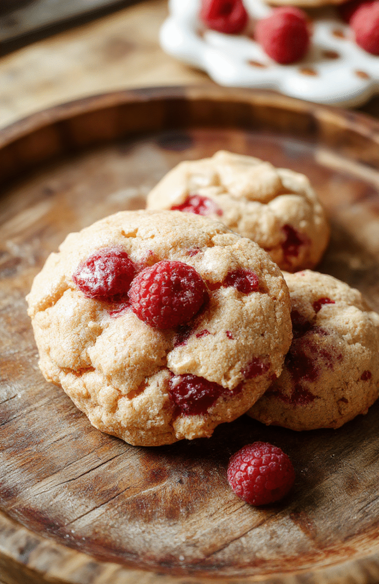 A close-up of vibrant red raspberry cookies with a chewy texture, displayed on a rustic wooden plate with a few fresh raspberries scattered around, soft natural light highlighting the glossy surface and inviting texture, styled casually with minimal background details.
