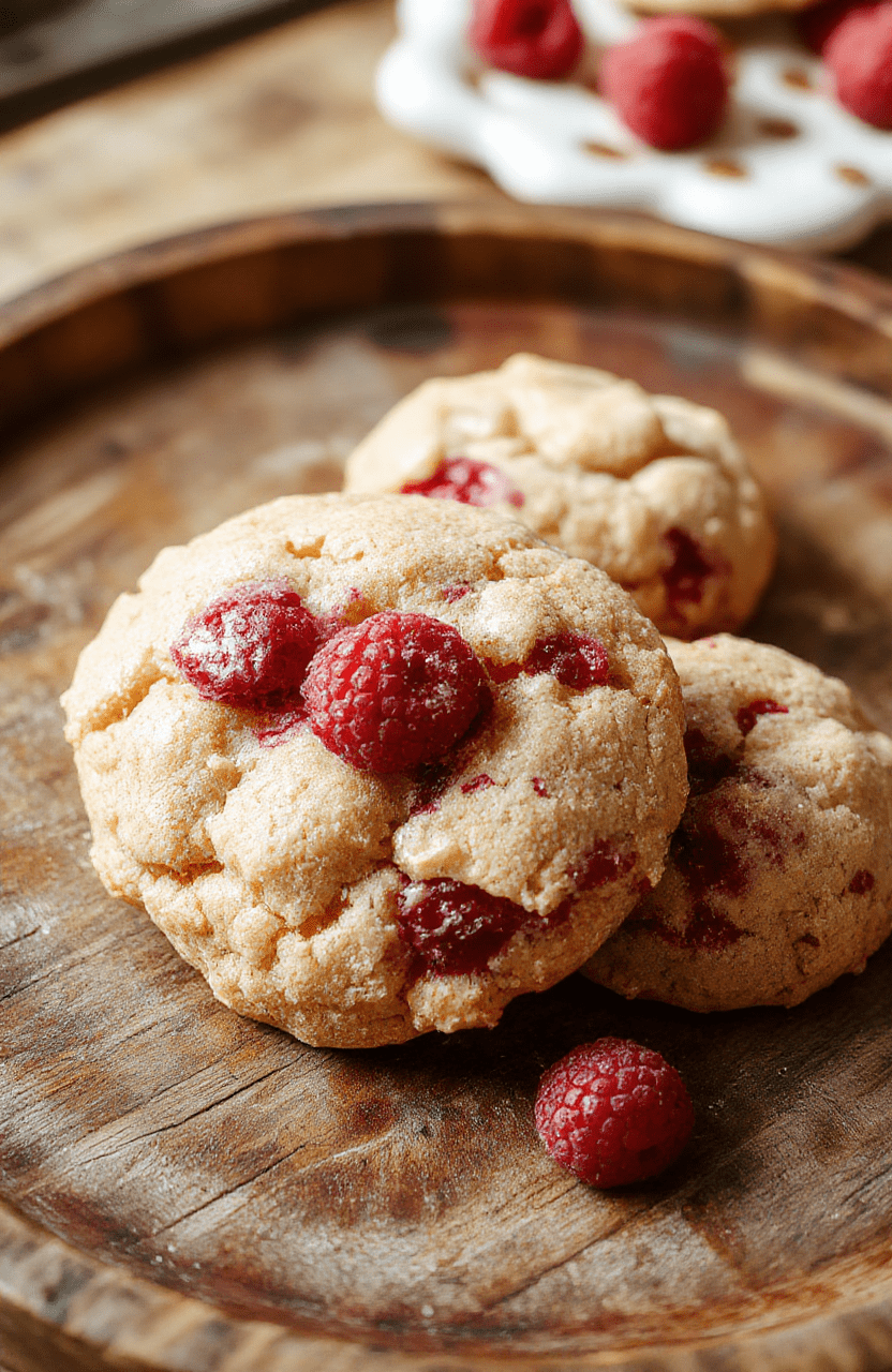 A close-up of vibrant red raspberry cookies with a chewy texture, displayed on a rustic wooden plate with a few fresh raspberries scattered around, soft natural light highlighting the glossy surface and inviting texture, styled casually with minimal background details.