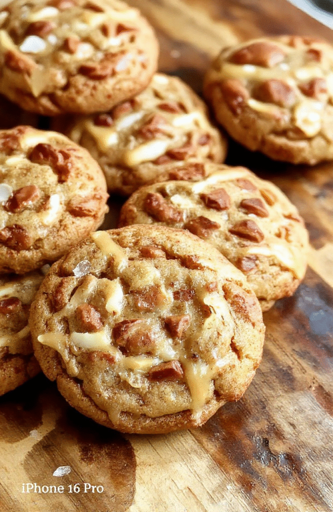 A close-up shot of beautifully golden chewy butterscotch cookies drizzled with flaky sea salt, arranged on a rustic wooden plate with a few broken pieces revealing their soft, gooey center. The background is softly blurred with warm ambient lighting, highlighting the glossy butterscotch chips and textured cookies styled casually for an inviting, homely feel.