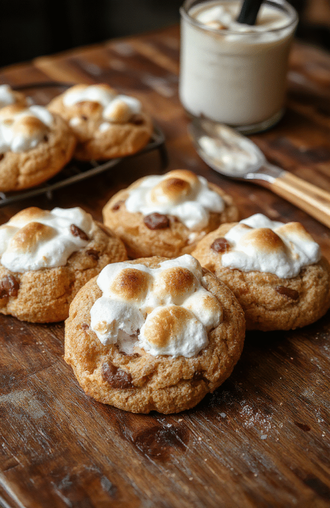 A plate of chewy s'mores cookies with a golden-brown exterior, topped with melted marshmallow and chocolate drizzles, styled on a rustic wooden table with a soft focus background featuring fallen graham crackers and marshmallows, capturing the gooey texture and inviting sweetness.