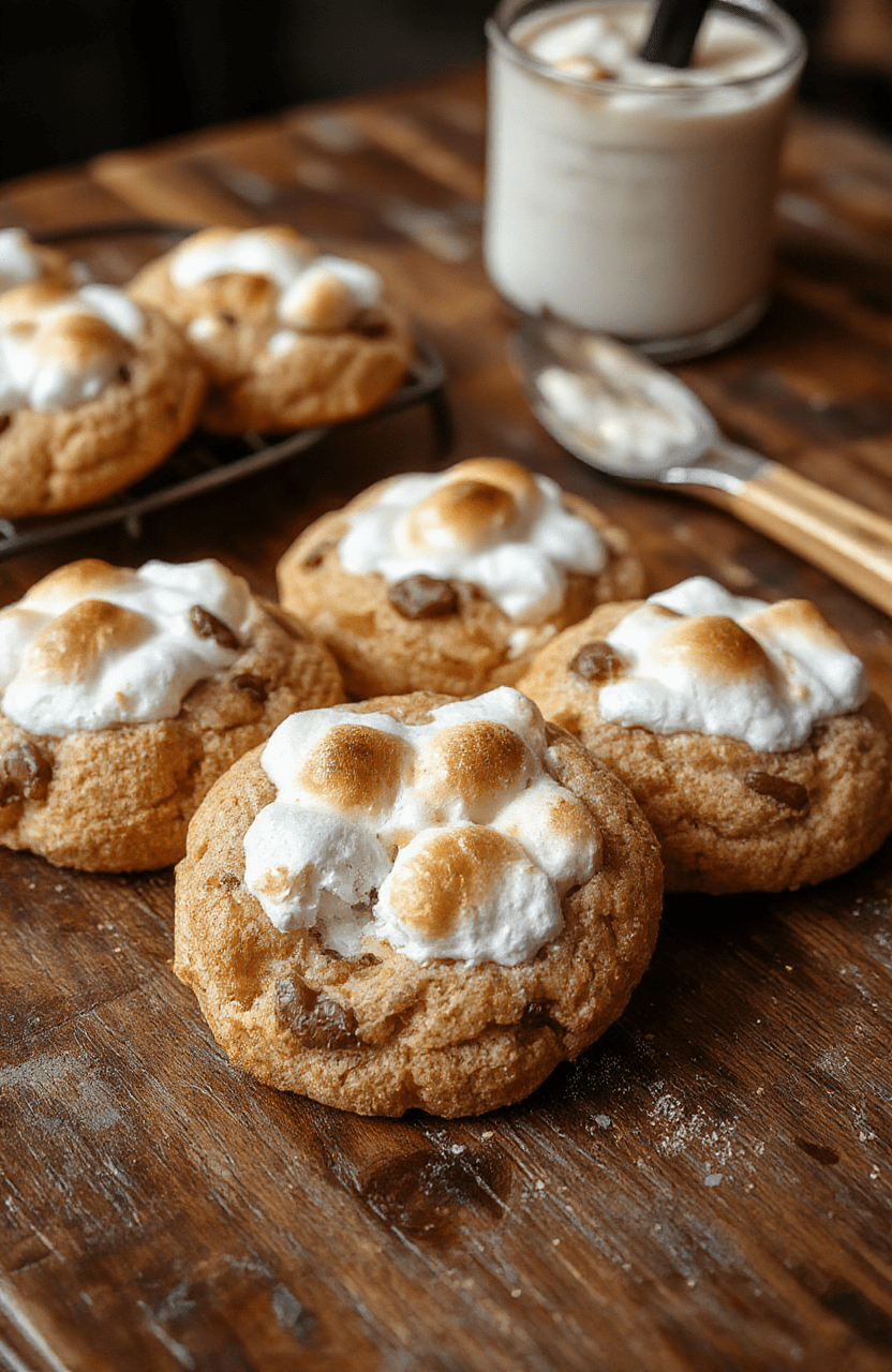 A plate of chewy s'mores cookies with a golden-brown exterior, topped with melted marshmallow and chocolate drizzles, styled on a rustic wooden table with a soft focus background featuring fallen graham crackers and marshmallows, capturing the gooey texture and inviting sweetness.