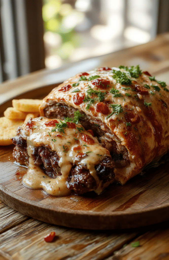 A beautifully plated beef Wellington featuring a golden-brown, flaky puff pastry crust encasing tender, juicy beef medallions topped with mushroom duxelles and a brush of egg wash. The dish is elegantly arranged on a white ceramic plate, garnished with fresh herbs, with a blurred rustic wooden background highlighting the rich textures and vibrant colors of the dish, evoking a sophisticated dining atmosphere.