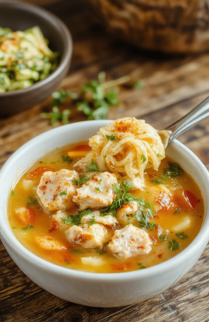 A warm bowl of chicken noodle soup with tender diced chicken, colorful vegetables, and steaming broth, garnished with fresh herbs on a rustic wooden table, steam rising, inviting and cozy.