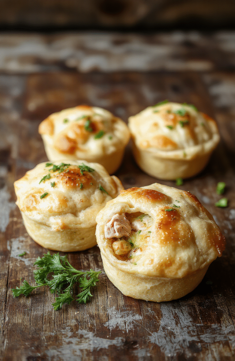 Colorful mini chicken pot pies arranged on a rustic wooden board, flaky golden crust filled with tender chicken and vegetables, steam gently rising, styled with sprigs of fresh herbs, inviting and warm appearance, styled simply for a cozy, home-cooked vibe.