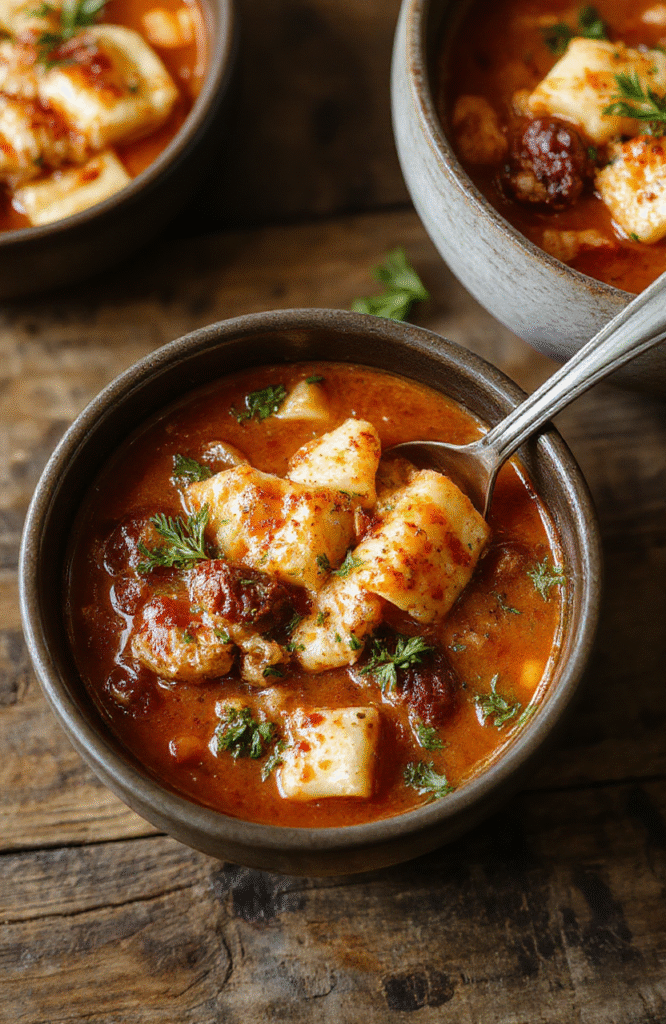 A vibrant bowl of lasagna soup filled with rich tomato sauce, melted cheese, and tender pasta, garnished with fresh basil and grated Parmesan, served in a rustic ceramic bowl on a wooden table with a warm, cozy ambiance.