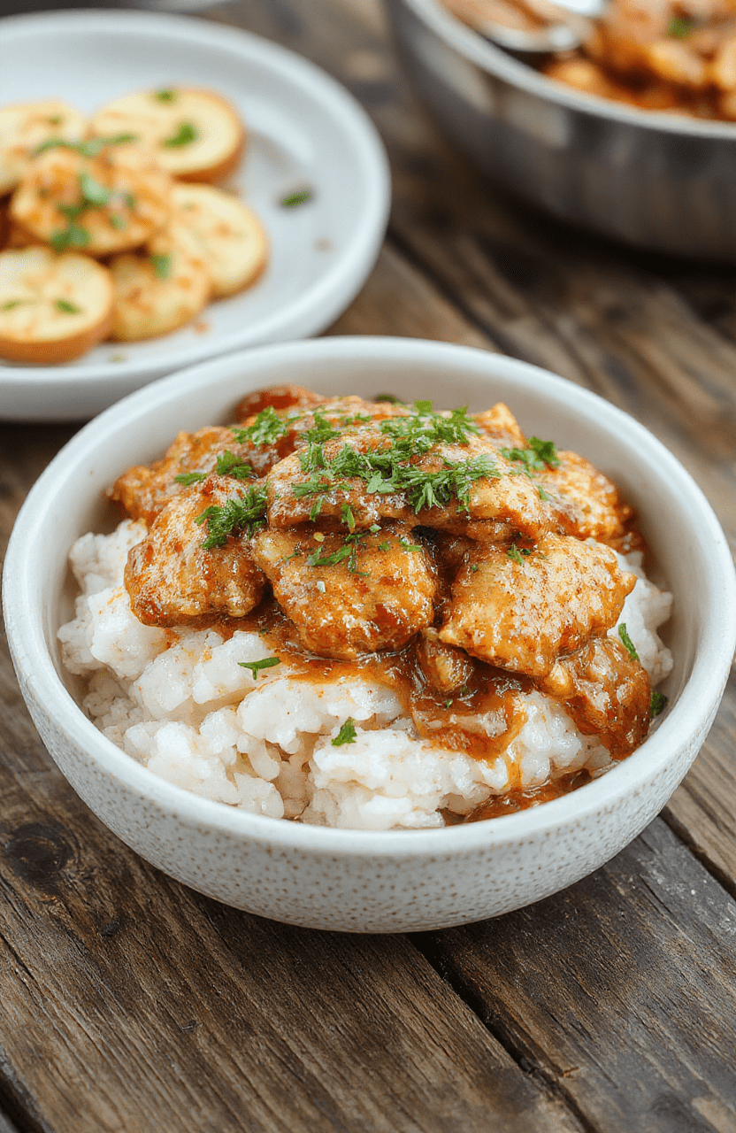 A vibrant plate of creamy smothered chicken sitting atop fluffy rice, garnished with fresh herbs, on a rustic wooden table with natural light highlighting the textures.