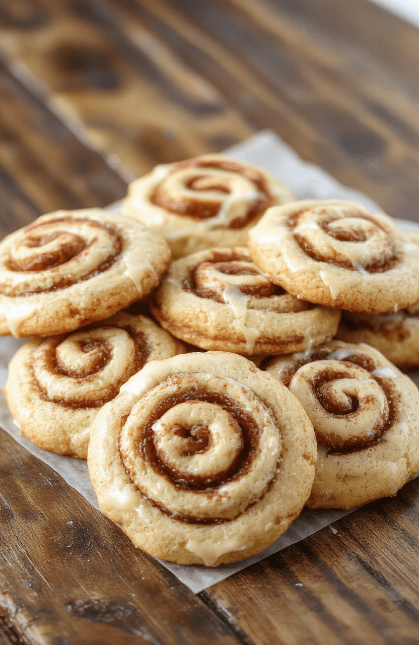 A close-up of golden-brown cinnamon roll cookies topped with creamy glaze, arranged on a rustic wooden platter. The cookies are soft, swirled with cinnamon and sugar, with a shiny glaze dripping slightly, styled with autumnal leaves in the background and warm, cozy lighting emphasizing their inviting texture.