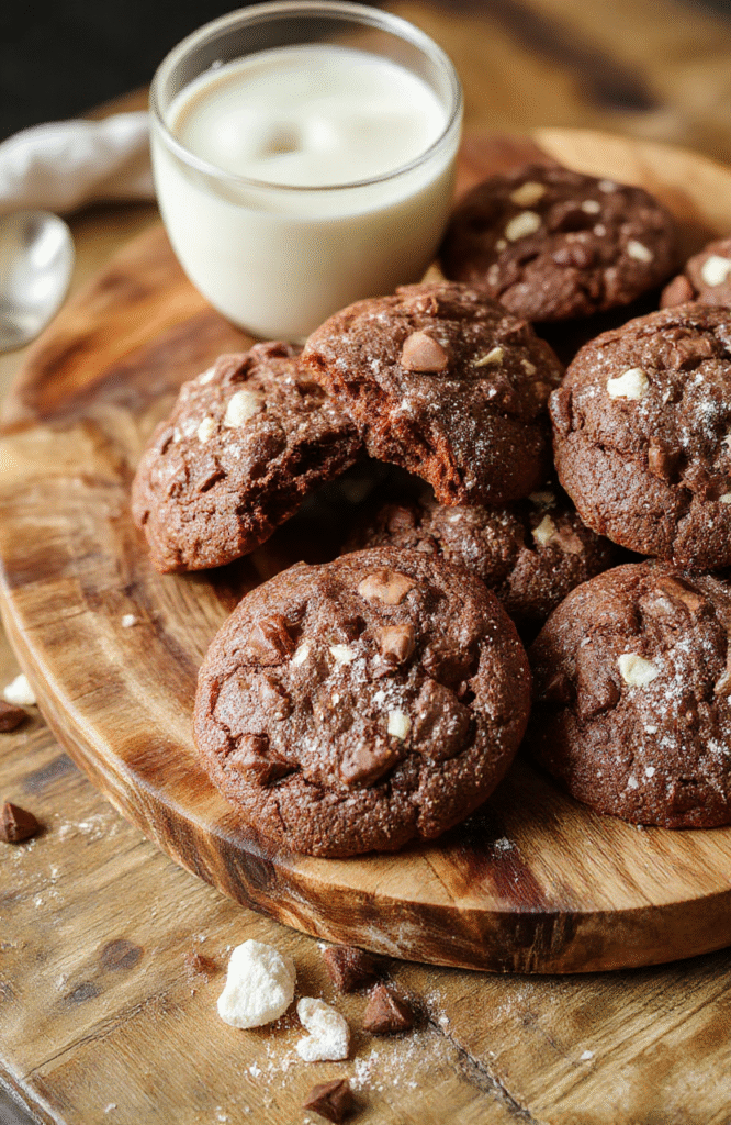 A close-up of warm, freshly baked hot chocolate cookies topped with melting chocolate chips and a drizzle of white icing, placed on a rustic wooden plate with a soft, cozy background featuring a mug of hot chocolate and winter-themed decorations, with inviting textures and rich chocolate tones.