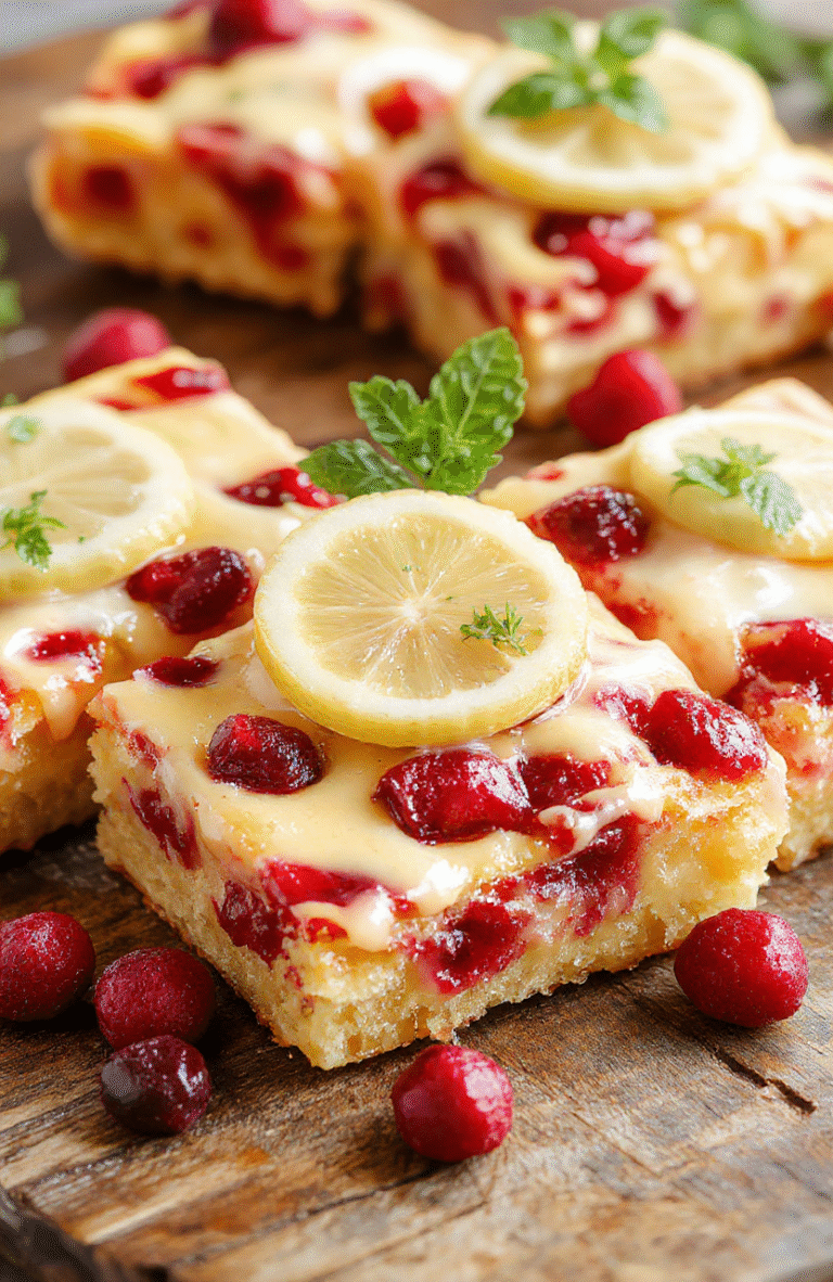 Colorful cranberry lemon bars on a rustic wooden plate, vibrant red cranberry topping with bright yellow lemon custard, glossy glaze, garnished with fresh lemon slices and mint leaves, styled for a casual yet elegant presentation, textures of fruity topping and smooth custard visible.