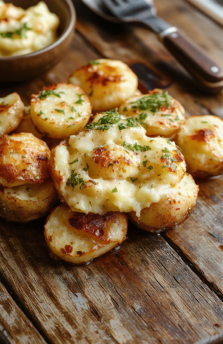 A bowl of creamy, golden baked mashed potatoes topped with a drizzle of melted butter and fresh herbs, presented in a rustic white ceramic dish on a wooden table. The texture appears velvety and smooth, with a slightly crispy edge showing. In the background, a sprig of rosemary and a few scattered potato flakes add visual appeal, styled with warm, natural lighting emphasizing the rich, inviting colors.