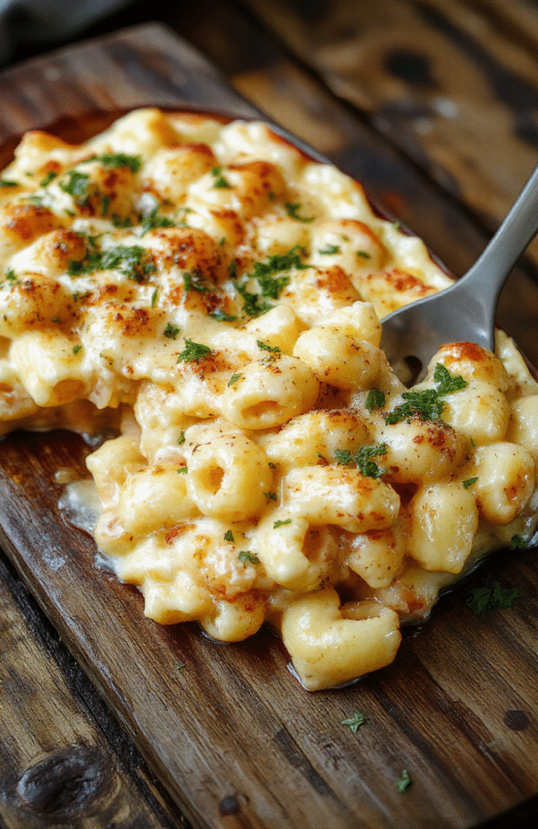 A close-up of a creamy baked mac and cheese dish showcased in a rustic baking dish. The cheese is bubbly, golden-brown on top, with strings of melted cheese and tender pasta visible. The background features a cozy kitchen setting with a warm, inviting atmosphere, highlighting the gooey, cheesy texture and comforting appeal of the dish.