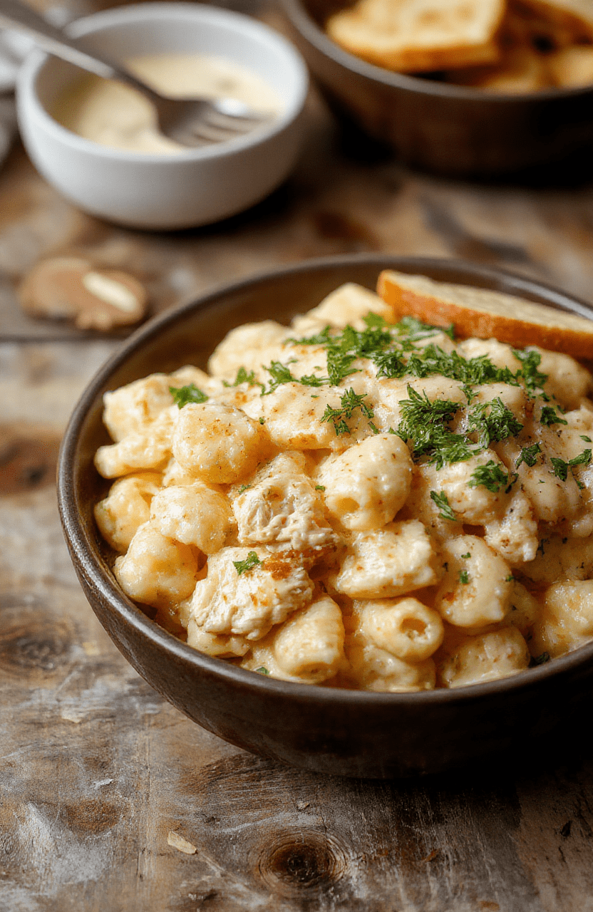 A bowl of creamy chicken mac and cheese with melted cheese on top, garnished with chopped parsley. The dish is served in a rustic white bowl on a wooden table, with steam rising, highlighting the rich, cheesy texture and tender chicken pieces inside. Bright natural lighting enhances the warm, inviting colors of the dish, creating a cozy and appetizing scene.