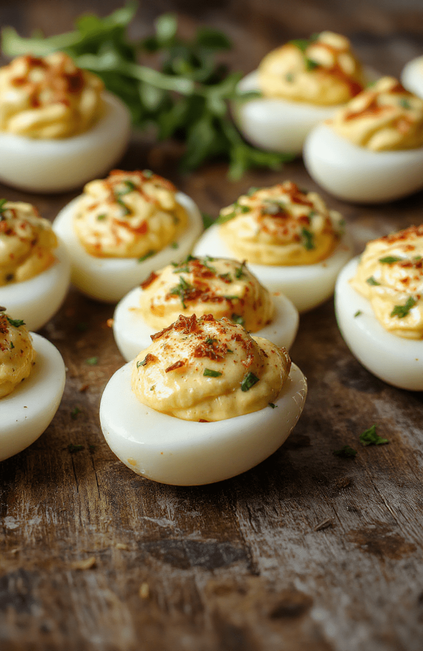 A close-up of creamy deviled eggs arranged on a white platter, topped with paprika and fresh chives, with a smooth and glossy filling, vibrant yolks, and garnished with herbs, set on a rustic wooden table with soft natural light highlighting the textures and colors.
