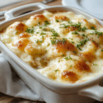 A golden bubbling creamy potato gratin served in a rustic white ceramic dish, topped with melted cheese and fresh herbs. The gratin features thinly sliced potatoes with a rich, cheesy sauce, beautifully layered and garnished with parsley. The dish is placed on a wooden table, with a cozy holiday atmosphere, natural light highlighting the textures and colors, creating an inviting, mouthwatering scene.