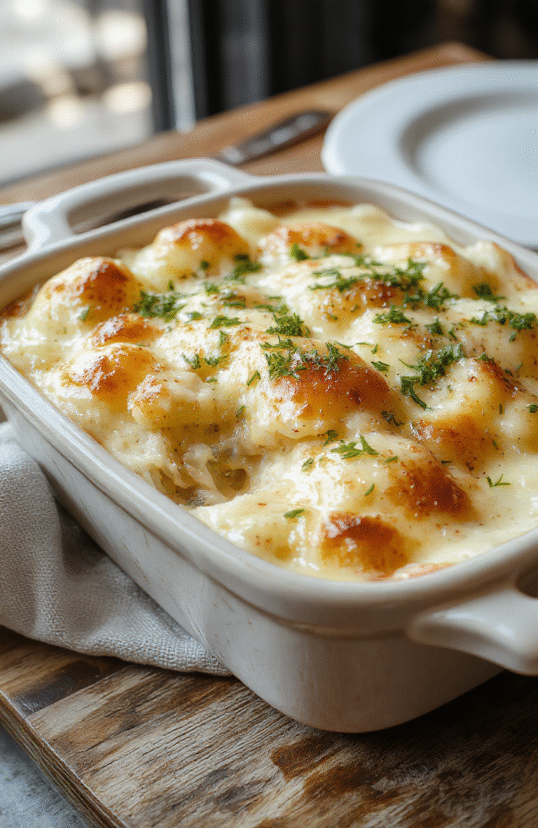 A golden bubbling creamy potato gratin served in a rustic white ceramic dish, topped with melted cheese and fresh herbs. The gratin features thinly sliced potatoes with a rich, cheesy sauce, beautifully layered and garnished with parsley. The dish is placed on a wooden table, with a cozy holiday atmosphere, natural light highlighting the textures and colors, creating an inviting, mouthwatering scene.