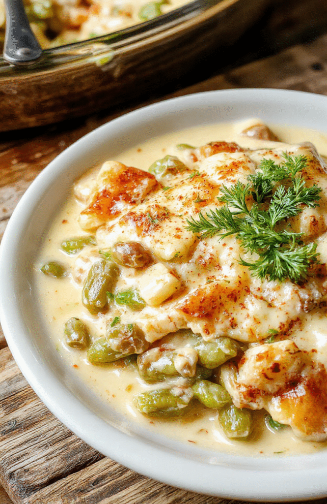 A vibrant green bean casserole presented in a rustic white baking dish, topped with golden crispy onions. The casserole showcases tender green beans coated in a creamy, cheesy sauce, with a crispy onion topping adding texture. The scene is styled with a warm wooden table setting, evoking a cozy holiday atmosphere, with soft natural lighting highlighting the colors and textures.