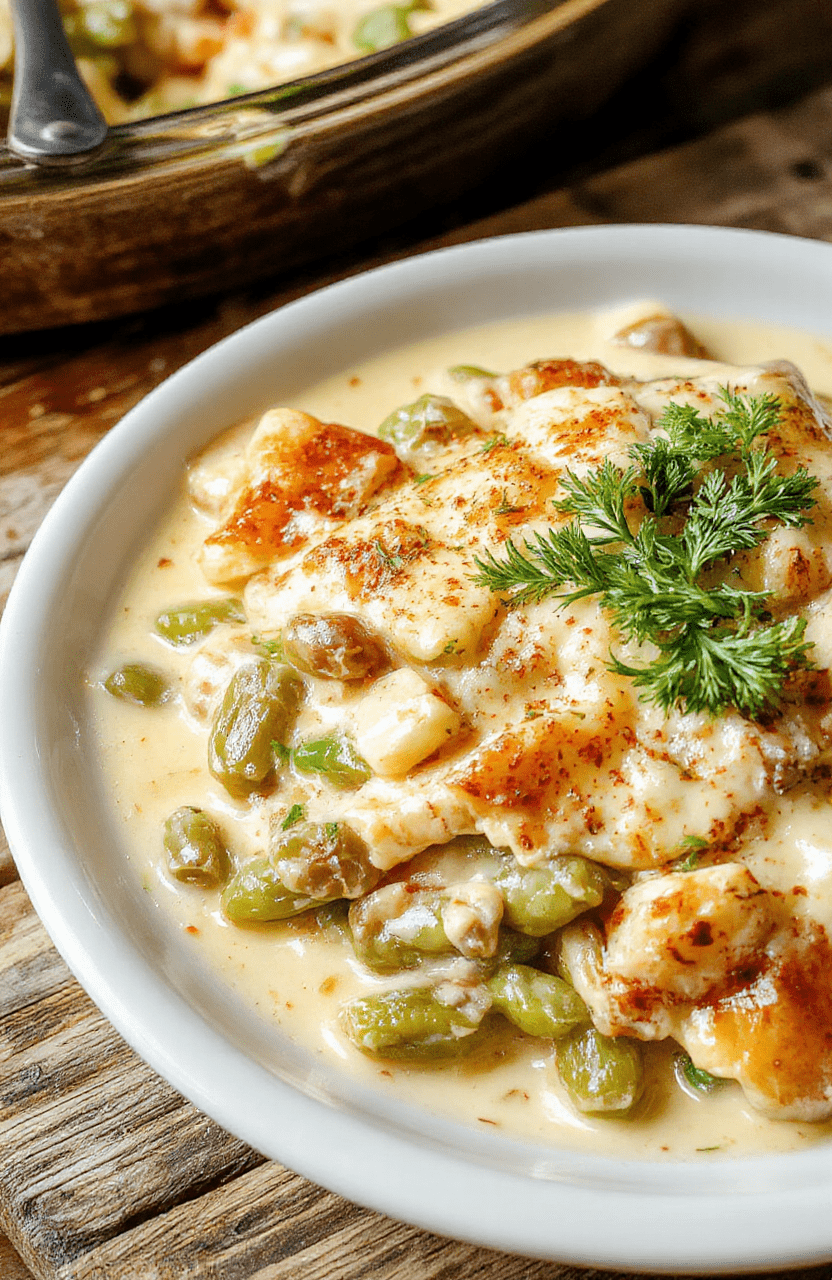 A vibrant green bean casserole presented in a rustic white baking dish, topped with golden crispy onions. The casserole showcases tender green beans coated in a creamy, cheesy sauce, with a crispy onion topping adding texture. The scene is styled with a warm wooden table setting, evoking a cozy holiday atmosphere, with soft natural lighting highlighting the colors and textures.