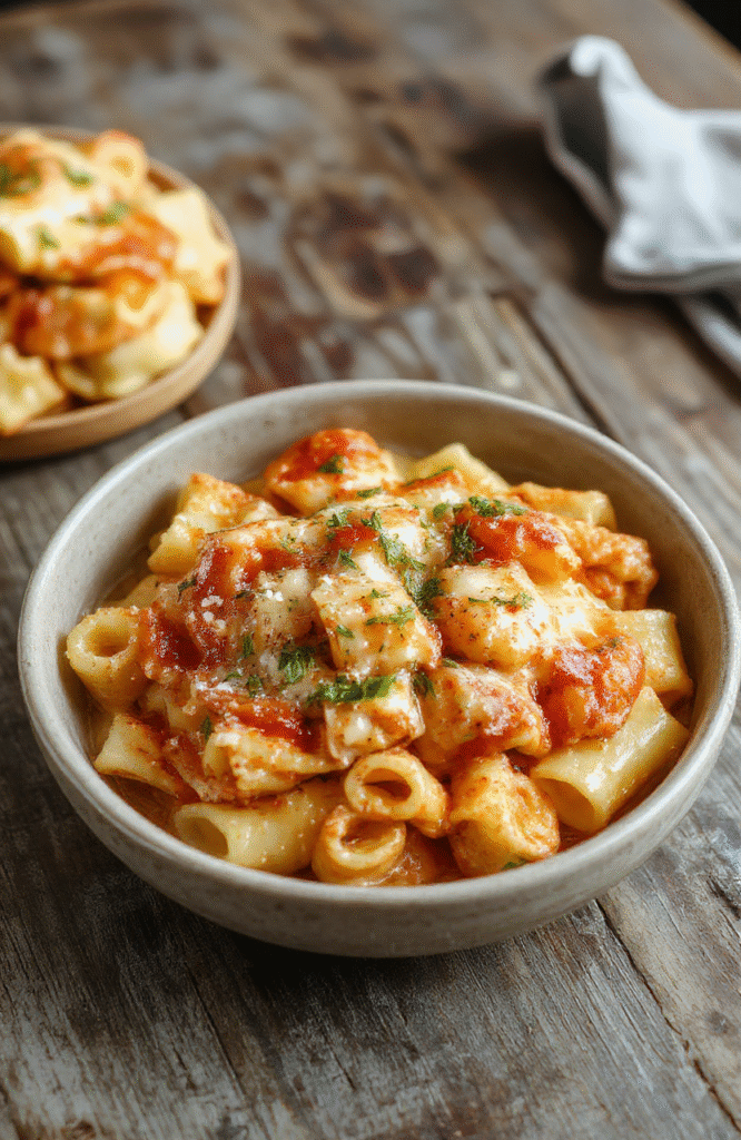 A vibrant plate of creamy Italian rigatoni garnished with fresh herbs, served on a rustic wooden table, showcasing the rich, cheesy sauce coating the ridged pasta, with a hint of basil and parmesan cheese sprinkled on top, styled casually for an inviting, homely feel.