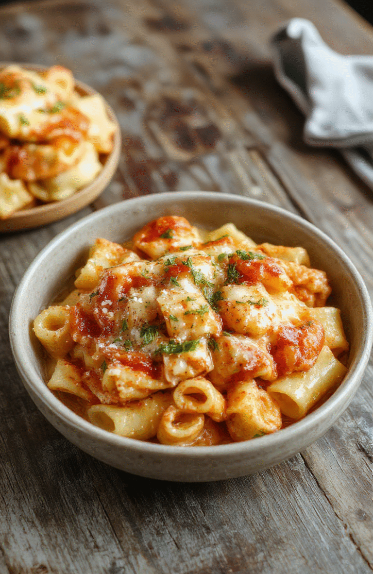 A vibrant plate of creamy Italian rigatoni garnished with fresh herbs, served on a rustic wooden table, showcasing the rich, cheesy sauce coating the ridged pasta, with a hint of basil and parmesan cheese sprinkled on top, styled casually for an inviting, homely feel.