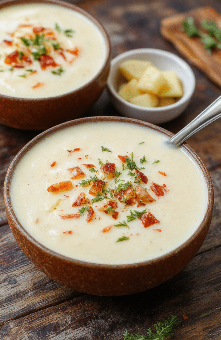A vibrant bowl of creamy loaded potato soup garnished with shredded cheese, crispy bacon bits, chopped green onions, served on a rustic wooden table with a drizzle of cream and a side of crusty bread. The soup features a rich, velvety texture with visible chunks of potatoes and melted cheese, styled simply to emphasize its hearty comfort appeal.