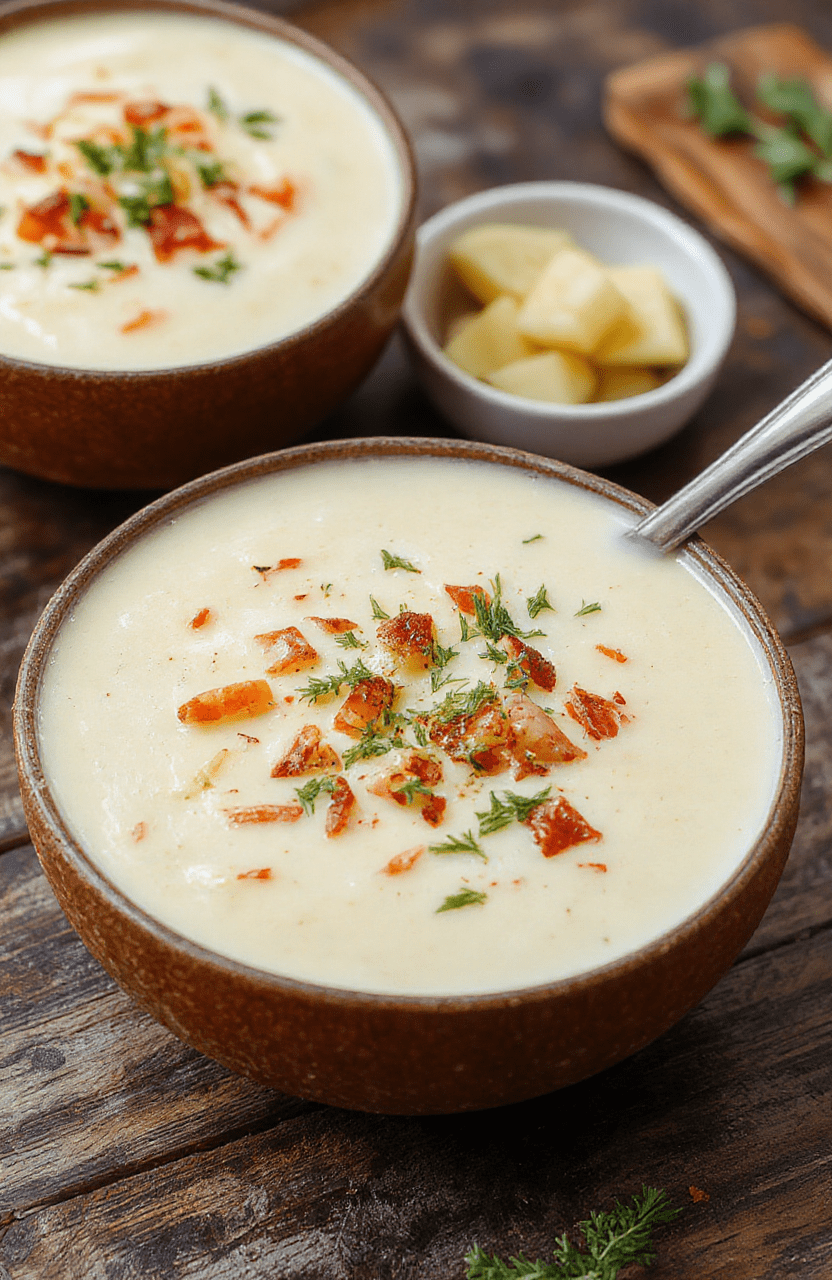 A vibrant bowl of creamy loaded potato soup garnished with shredded cheese, crispy bacon bits, chopped green onions, served on a rustic wooden table with a drizzle of cream and a side of crusty bread. The soup features a rich, velvety texture with visible chunks of potatoes and melted cheese, styled simply to emphasize its hearty comfort appeal.