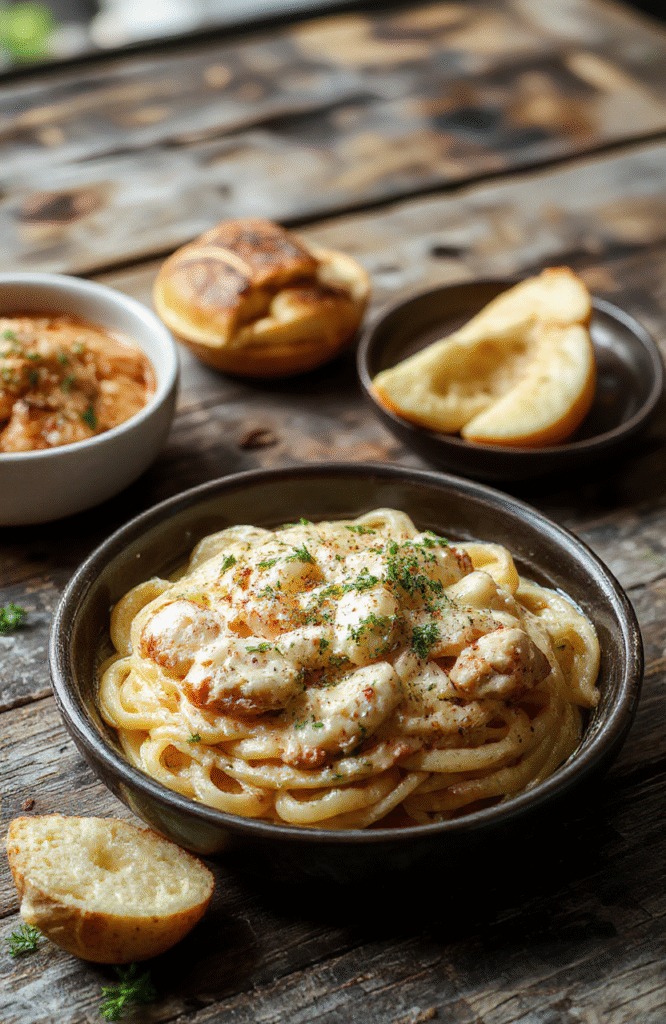 A vibrant plate of Creamy Parmesan Chicken Pasta featuring spiral pasta coated in a rich, cheesy sauce topped with golden-brown chicken slices and freshly grated Parmesan, garnished with chopped parsley, on a rustic wooden table with soft natural lighting.