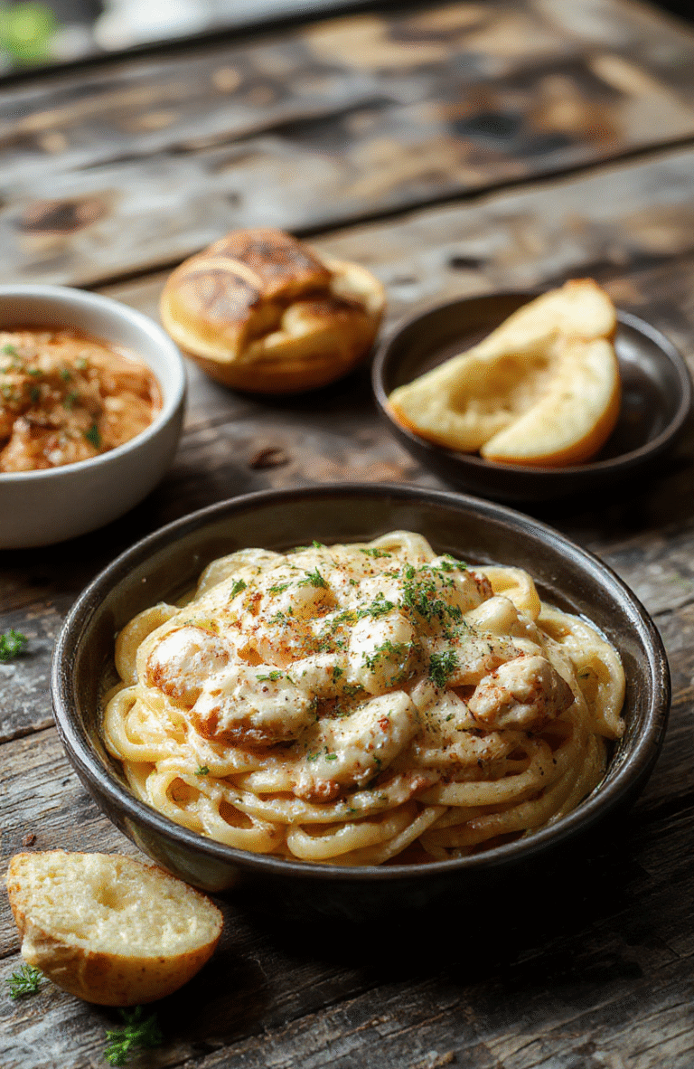 A vibrant plate of Creamy Parmesan Chicken Pasta featuring spiral pasta coated in a rich, cheesy sauce topped with golden-brown chicken slices and freshly grated Parmesan, garnished with chopped parsley, on a rustic wooden table with soft natural lighting.
